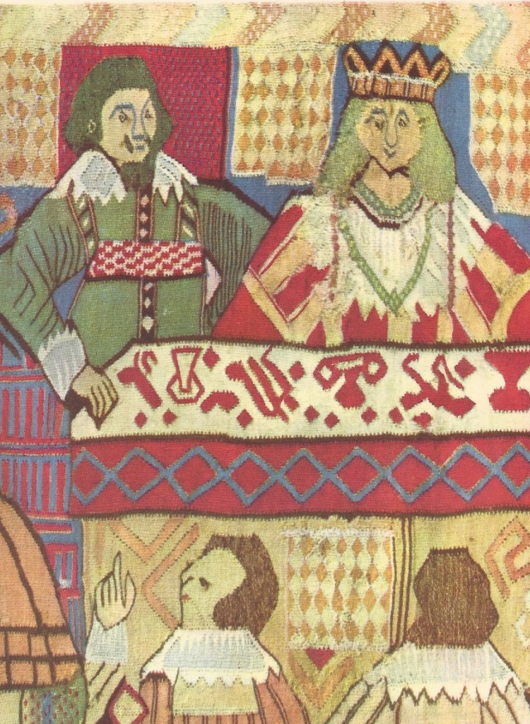 Detail of tapestry depicting the Marriage of Canaan, Gudbrandsdal, Norway, dated 1653.  Kunstindustrimuseet, Oslo. 
